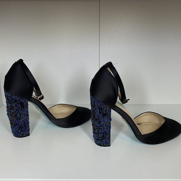 Blue by Betsey Johnson Embellished Black Silk Strap Block Heel Sybil Women's 6 - Picture 9 of 9